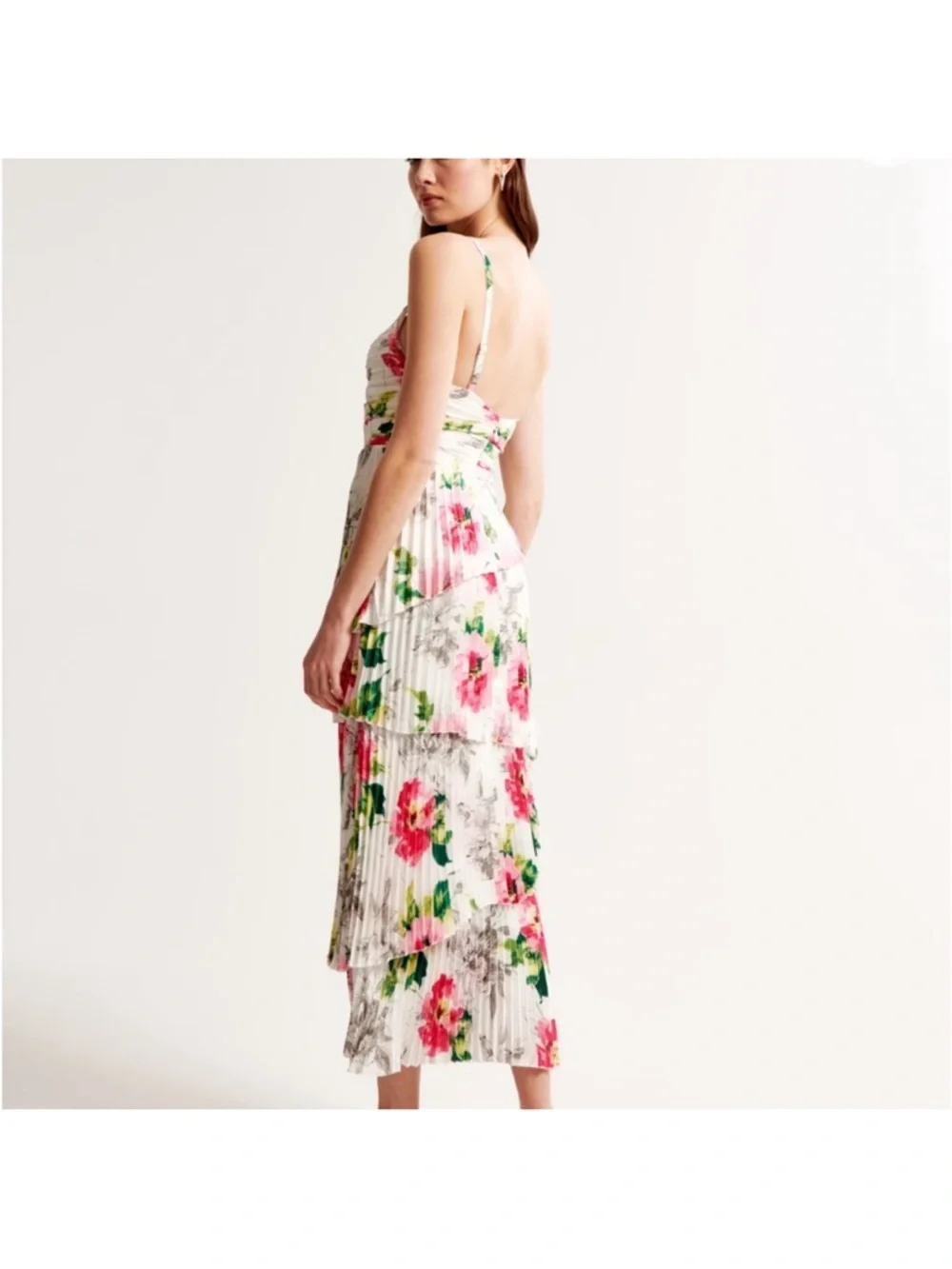 Abercrombie & Fitch White Floral Pleated Tiered Midi Dress - Picture 3 of 4
